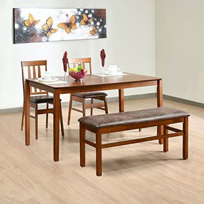@home by Nilkamal Leaf Solid Rubber Wood Dining Table 4 Seater| Four Seater Wooden Table with Two Chairs and 1 Bench with Cushion| Dining Room Set| Rubberwood, Walnut