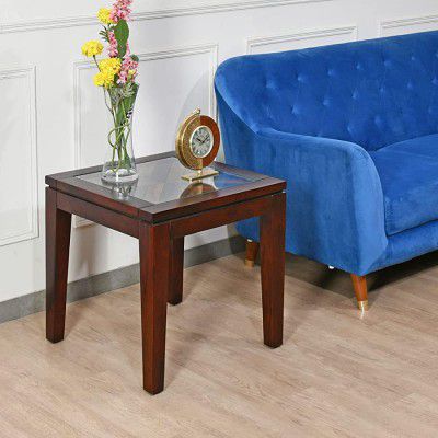 @home by Nilkamal Spitzer Glass Top On Veneer Solid Wood Side Table 