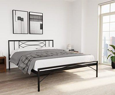 @home By Nilkamal Ursa Metal Queen Size Bed Without Storage (Glossy Finish, Black) | 1 Year Warranty