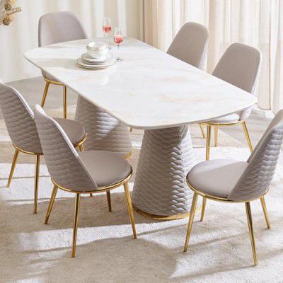 Home Cente Vegas Faux Marble Top 6-Seater Dining Set with Chairs - Beige and Grey