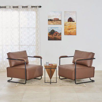 Home Centre Ajax Brown Solid Mango Wood 2-Seater Tea Table Set with 2 Faux Leather Upholstered Chairs