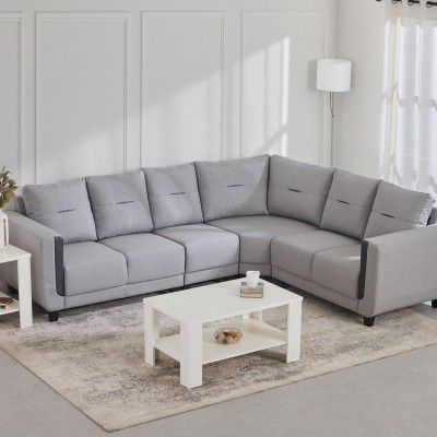 [Extra ₹17250 OFF] Home Centre | Berry Fabric 6-Seater Corner Sofa | Sofa Set for Living Room | Solid Wood | Grey | 2 Year Warranty