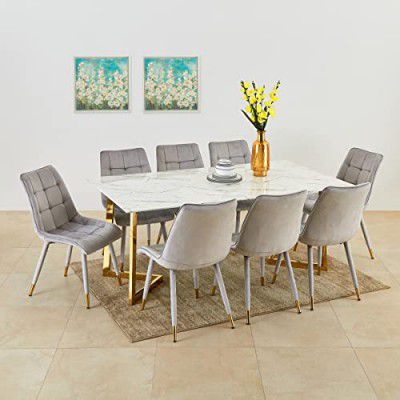 Home Centre Bianca White and Grey Printed Glass Top 8-Seater Dining Set with Chairs