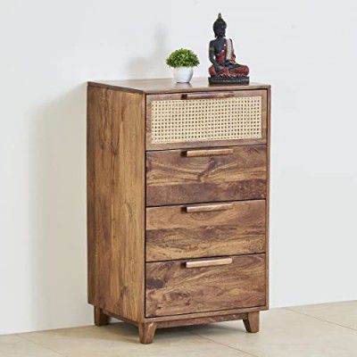 Home Centre Cane Connection Brown Mango Wood Chest of 4 Drawers