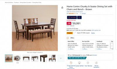 Home Centre Chunky 6-Seater Dining Set with Chairs and Bench - Brown