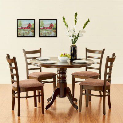 Home Centre Cleo Rich Brown Rubber Wood 4-Seater Round Dining Table Set with 4 Chairs