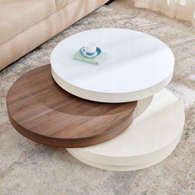 Home Centre | Denver Swivel Coffee Table | Engineered Wood | Center Table, Tempered Glass Top | White | 1 Year Warranty