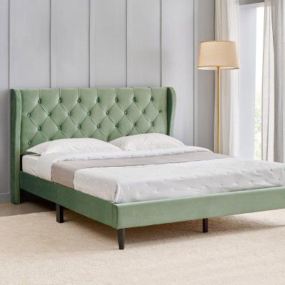 Home Centre | Helios Bravo Roxy Upholstered King Size Bed Without Storage | Engineered Wood | Green | 1 Year Warranty