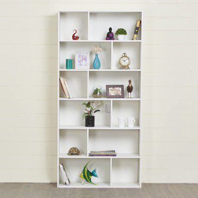Home Centre Helios Falco White Engineered Wood Bookcase Cum Curio Cabinet - 12 Shelves, Walnut, 35 * 12 * 74 inches