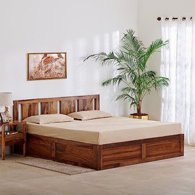Home Centre Helios Pico Sheesham Wood Queen Bed with Hydraulic Storage - Honey Brown