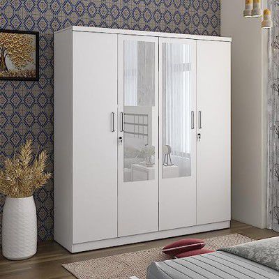 Home Centre Helios Reynan 4-Door Wardrobe with Mirror - White (Engineered Wood)