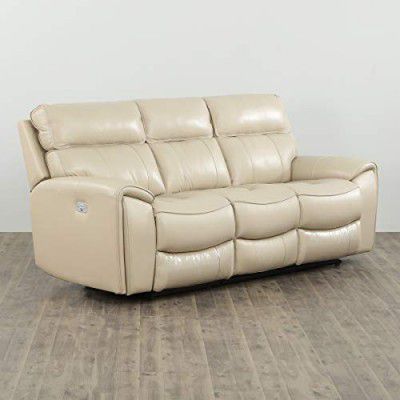 [Extra ₹3000 OFF] Home Centre Helsinki Three Seater Recliner with Double Electric - Off White, Leather, PVC and Pine Wood