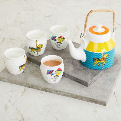 Home Centre Joy Delight Multicolour Printed Bone China Kettle and Kullhad