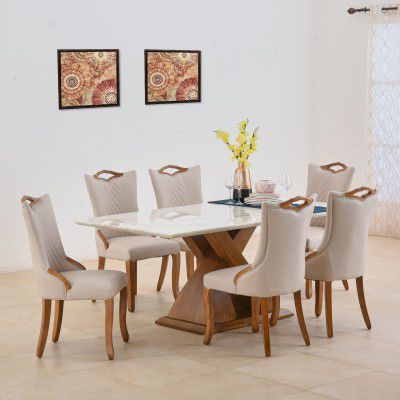 Home Centre Prince Wood Marble Top 6-Seater Dining Set with Faux Leather Chairs - White and Brown