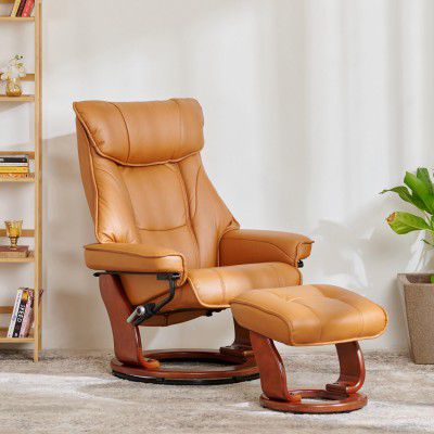 Home Centre Silas Faux Leather Revolving Lounge Recliner with Foot Stool - Brown