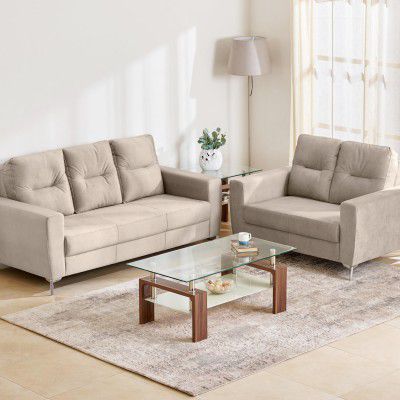 [Extra ₹15250 OFF] Home Centre | Sylvester Plus Fabric 3+2 Seater Sofa Set | Sofa for Living Room | Solid Wood | Beige | 1 Year Warranty
