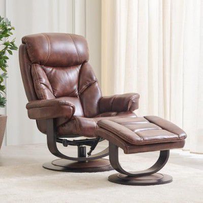 Home Centre Tiago Half Leather 1-Seater Revolving Recliner with Foot Stool - Brown
