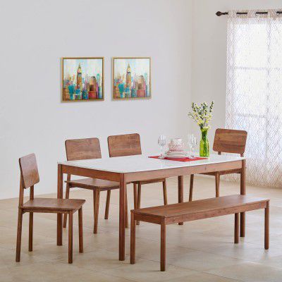 Home Centre Urban Patterned Marble Top 6-Seater Dining Table Set with 4 Chairs and 1 Bench