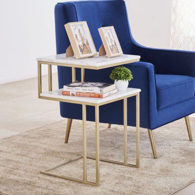 Home Centre Velvetica Multicolour Geometric Marble Top 2-Tier End Table