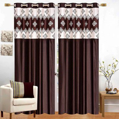 Home Max India Long Crush Damask Print Patch Polyester Curtain Brown 2 Unit
