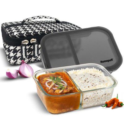 Home Puff Borosilicate Glass Lunch Box 965ml with 2 Compartments & Lunch Bag 