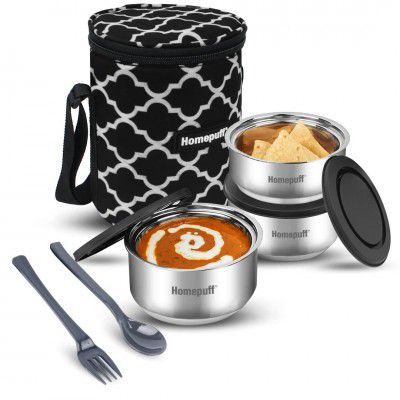 Home Puff Set of 3 Stainless Steel Insulated Lunch Box for School & Office, Spill Proof Tiffin for Men & Women, Unbreakable Lid, Free Bag, Easy Clean, 325mlX2 + 225mlX1, Made in India, with Warranty