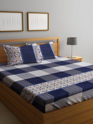 Home Sizzler Blue & White 210 TC Queen Geometric Cotton Bedsheet with 2 Pillow Covers