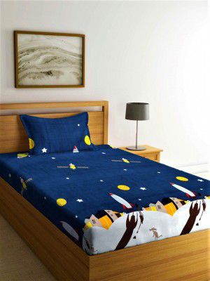 Home Sizzler Blue & Yellow Cartoon Characters 210 TC Single Bedsheet with 1 Pillow Covers