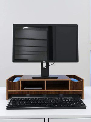 Home Sparkle Desktop Monitor Stand Computer Screen Riser Shelf Table Drawer MDF Laptop Stand Desk Holder for Home and Office Organizer - Dark Brown