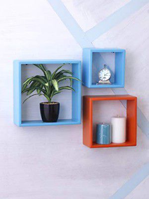 Home Sparkle Wood Wall Mounted Floating Shelves | 3 Set Decorative Cube Shelves Rack | Ideal for Decoration in Living Room, Bedroom & Wall Floating Bookshelf (Lacquer Finish, Blue and Orange)