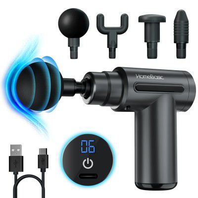 HOMEBASIC Muscle Mate Gun Massager For Full Body Pain Relief|4 Massage Heads,6 Speeds|3600mAh USB-C Rechargeable Battery (GREY)