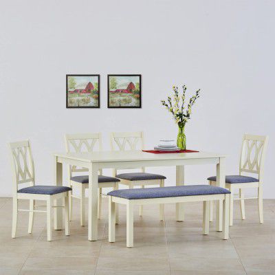 Home Centre Cornell White Engineered Wood 6 Seater Dining Table Set with 4 Chairs and 1 Bench