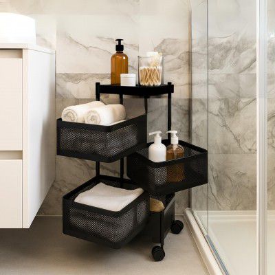 HomeGrits 4-Layer Revolving Square Storage Trolley – Black Metal Swinging Basket Rack 