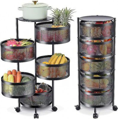 Homeor Metal Multi-Purpose Mesh Rotating Trolley Storage Organizer and Kitchen Accessories Items for Kitchen Storage Rack Design,5 Layer, Black, Round