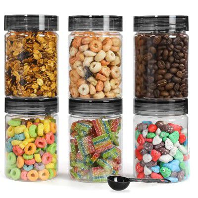 Homeor Plastic Storage Jar & Containers With Spoon, Airtight & BPA Free Containers, 300 ML Set 6, Black