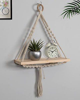 Homesake Macrame Wall Hanging Shelf Woven Home Decor Wood Floating Storage Shelf Bohemian Handmade Cotton Rope (71 L x 40 W), Beige