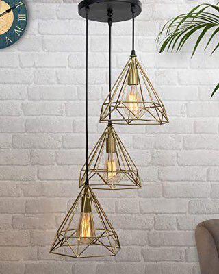 Homesake Modern Industrial Pendant Light Fixture, 3-Light Geometric Cage Hanging Lamp, Adjustable Height, Gold Finish, Stylish Home Lighting, Living Room, Dining Room, Kitchen Lighting(Golden)