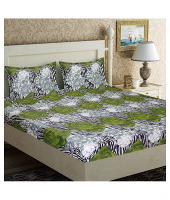 HOMETALES 100% Cotton 144 TC Floral Printed Double Bed Sheet with 2 Pillow Covers - Green