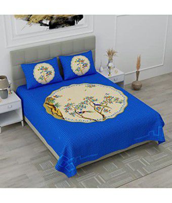 HOMETALES Cotton Floral Double Bedsheet with 2 Pillow Covers- Blue