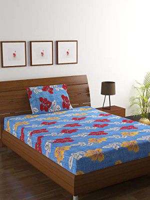 HOMETALES Microfiber Floral Printed Single Bed Sheet with 1 Pillow Cover - Light Blue