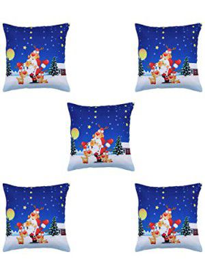 HOMETALES Pack of 5 Jute Christmas Printed Square Cushion Cover 40x40 Cm Blue