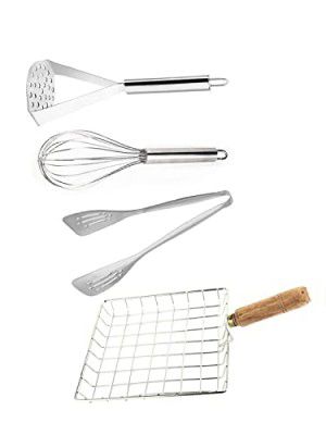 HOMETALES Premium Stainless Steel Kitchen Tool Combo Set (1U Roaster, 1U Tong, 1U Whisk & 1U Masher), 4U