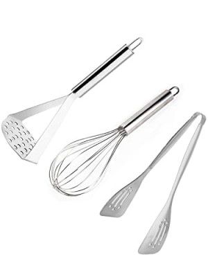 HOMETALES Premium Stainless Steel Kitchen Tool Combo Set (1U Tong, 1U Whisk & 1U Masher), 3U