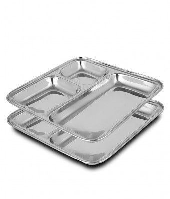 HOMETALES Stainless Steel 3 in 1 Square Pav Bhaaji Partition Plate, Pack of 2