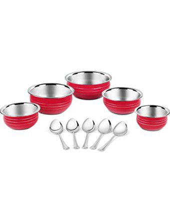 HOMETALES Stainless Steel Serving Handi Set of 10 U (5 U Handi & 5 U Serving Spoons), Red Color (Induction Compatible)