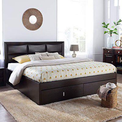 HomeTown Cambry Engineered Wood Hydraulic Storage Queen Size Bed in Walnut Colour