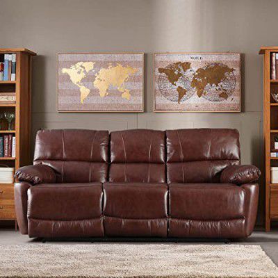 HomeTown Charles Half Leather Three Seater Recliner in Brown Colour
