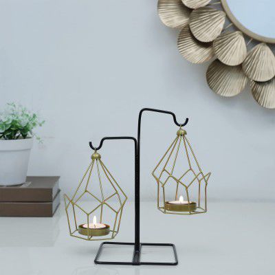 HomeTown Nyra Metal and Glass Hanging Votive Holder-2 in Gold Colour