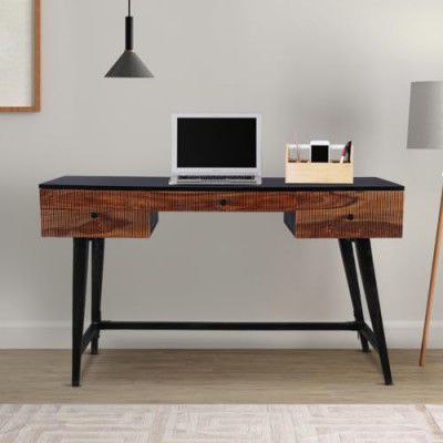HomeTown Sven Acacia Wood Study Table in Natural Sheesham & Black Colour