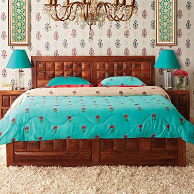 [Extta Rs 41500 OFF] HomeTown Woodrow Solid Wood Hydraulic Storage Queen Size Bed in Honey Colour